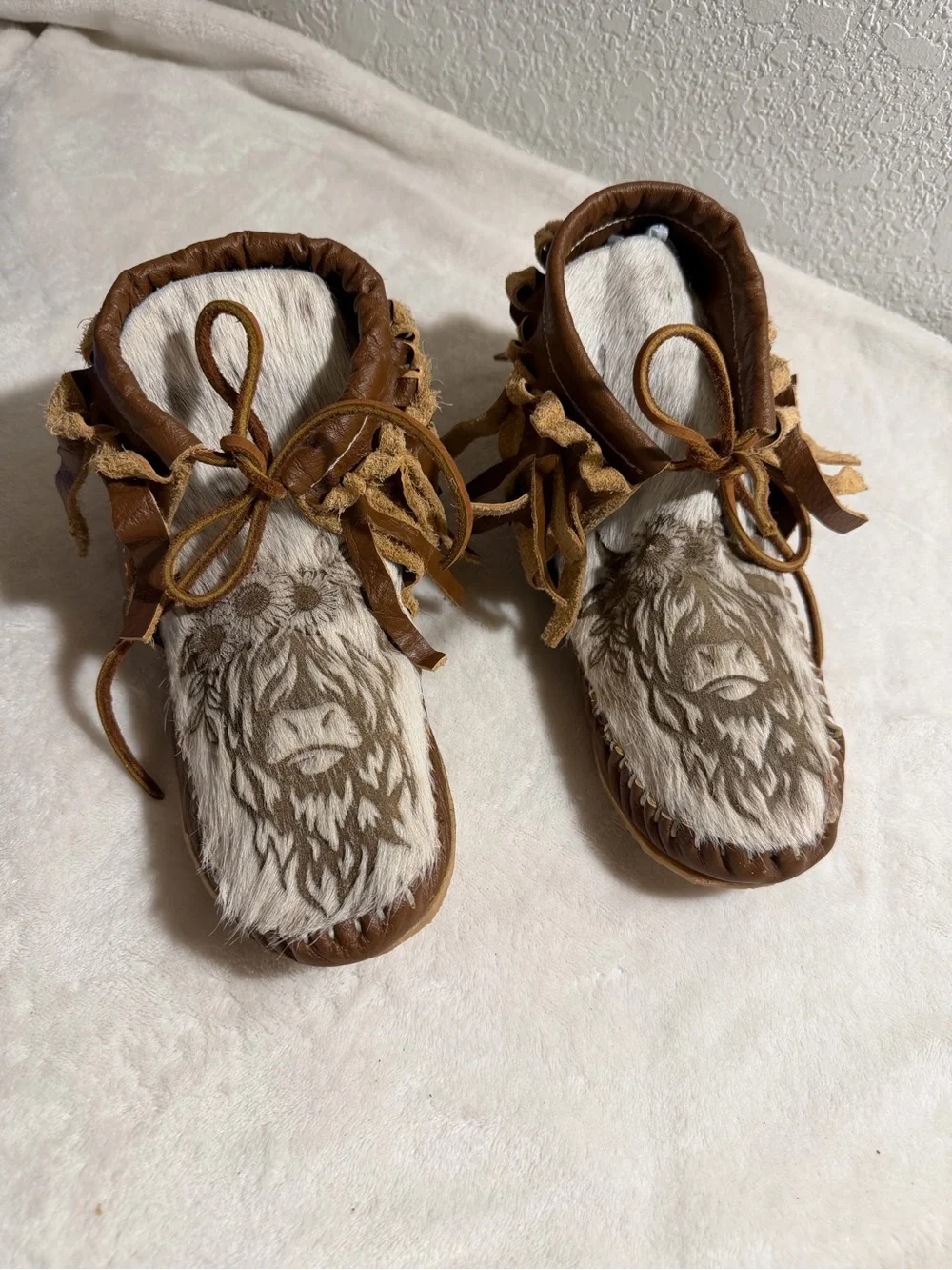 Brown Faux Fur Moccasin Boots with Highland Cow Design